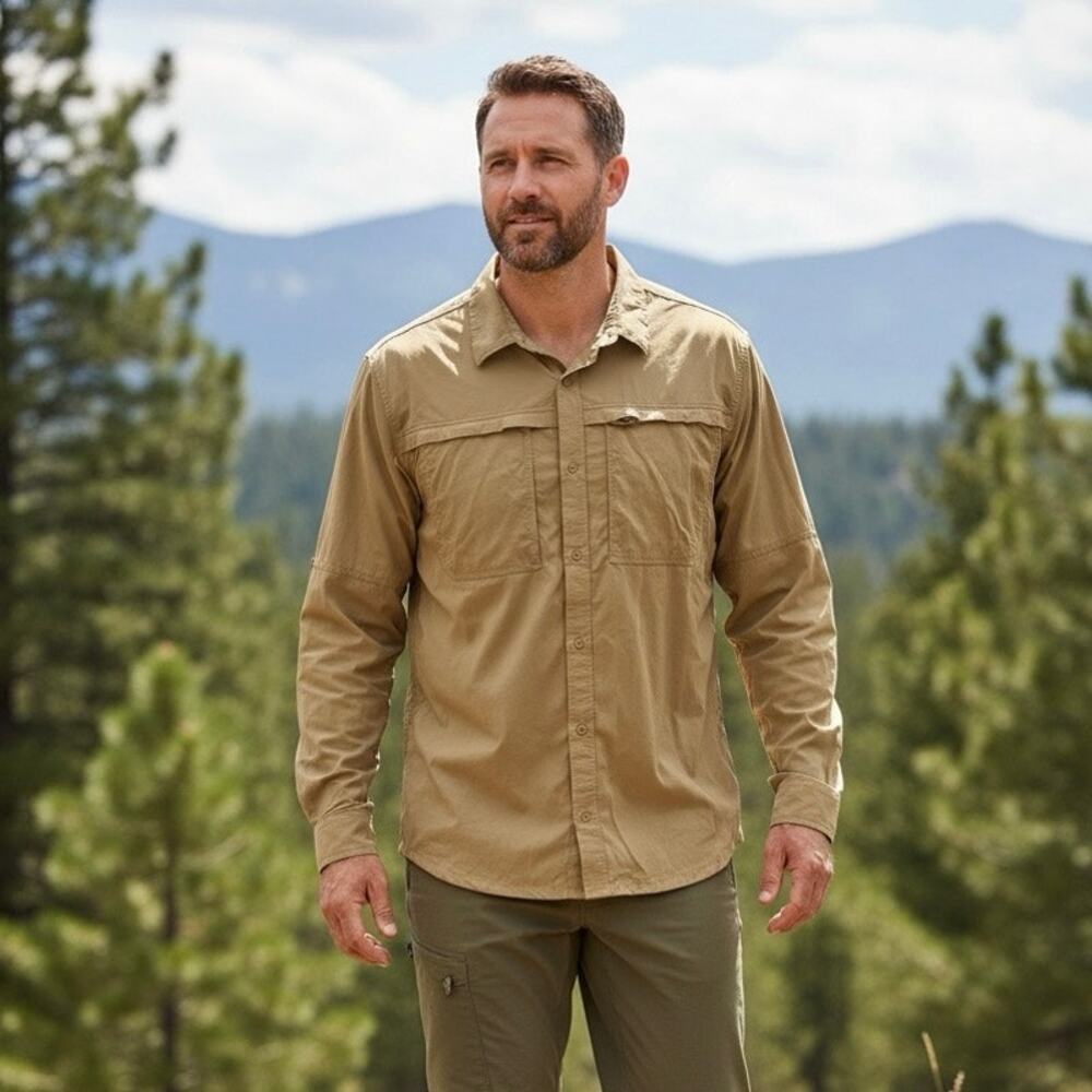 REI CO-OP Long Sleeve Button Up XL Tall Brown Khaki Stretch Coop Hiking Fishing